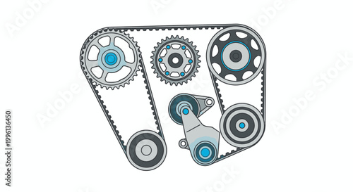 Technical illustration of a timing belt and gears with blue accents on a white background in a detailed and mechanical style.