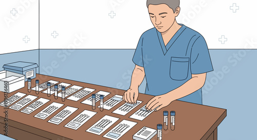 Medical professional arranging diagnostic test kits on a laboratory table