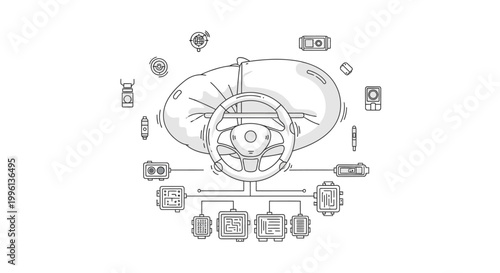 Line drawing of a mechanical device with various components and tools scattered around it on a plain white background.