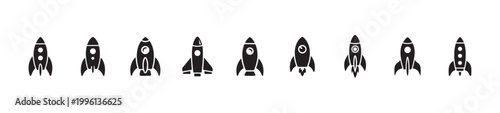 Set of ten varied black graphic icons representing spacecraft in vertical stationary and ascending motion poses
