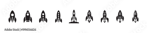 Ten distinct flat black rocket ship icons illustrating different styles from simple shapes to detailed launch sequences