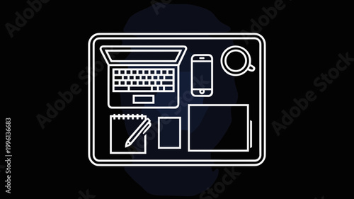 Modern professional desk silhouette - Perfect for coworking space ads, digital nomad guides, or office supply branding.