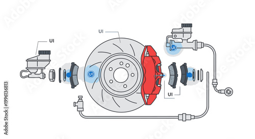 Detailed diagram of a car's brake system with labeled components on a clean white background.