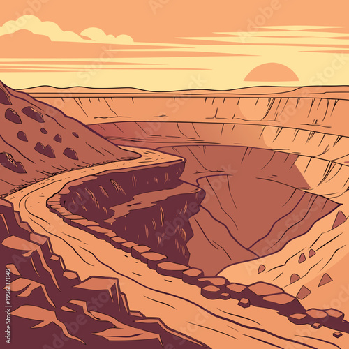 Canyon HDR sunrise, with warm light and soft hues. Giant Mining Pit, A Marvel of Earth's Power Dramatic crater hole ground, danger rock collapse destruction, immense pit huge surface background, ... S