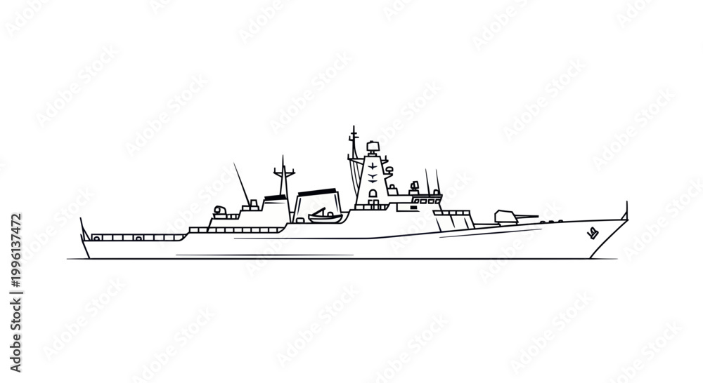 Obraz premium Modern Warship Outline Drawing - Naval Destroyer Silhouette