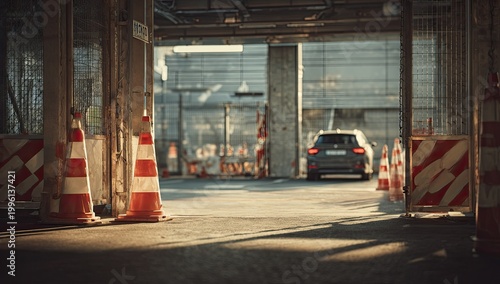 Car exiting a dimly lit industrial garage with safety cones.