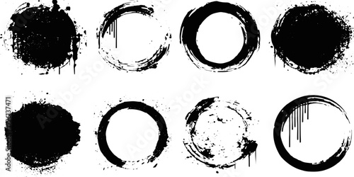 Grunge Round Brush Set with Distressed Ink Splatter and Rough Texture Brushes for Photoshop Illustrator Procreate Vector Design.