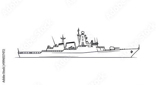 Modern Warship Outline Drawing - Naval Destroyer Silhouette