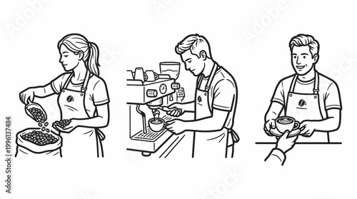 Barista coffee preparation process illustration