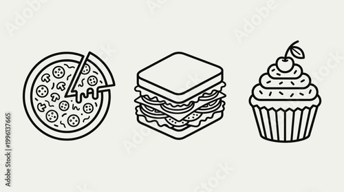Food illustrations pizza sandwich and cupcake