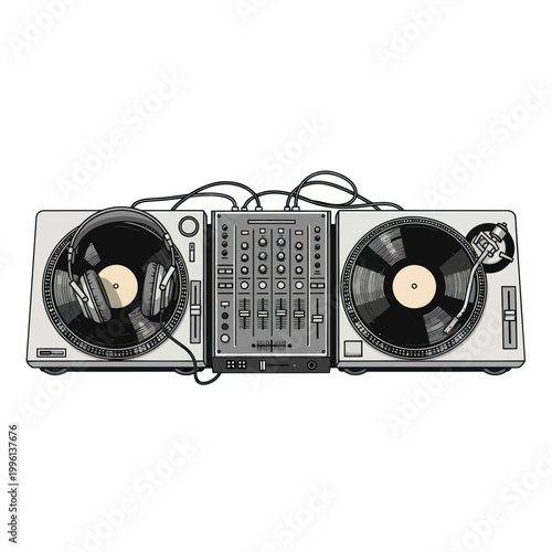 DJ Turntables and Mixer with Headphones, Music Equipment, Retro Beatmaker Setup