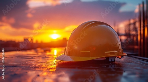 A yellow hard hat on wet concrete against a sunset sky – a symbolic backdrop for construction companies, health and safety, or documentaries about blue-collar professions.