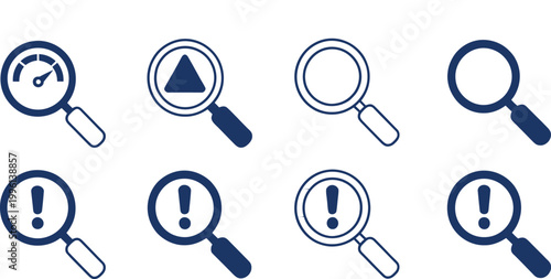 Magnifying glass with gauge, triangle, and exclamation mark