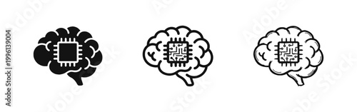 Artificial intelligence brain with microchip icon set