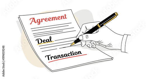 A hand meticulously signs a contract document, highlighting the terms "agreement," "deal," and "transaction" with a pen, embodying business negotiations and legal processes in a