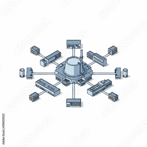 Centralized network hub with connected devices and servers.
