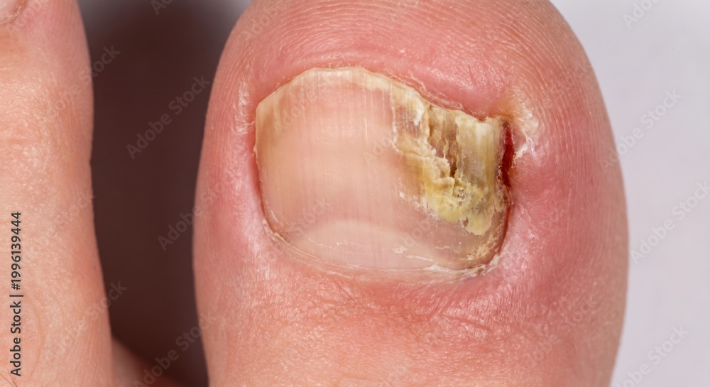 Naklejka premium Macro of ingrown toenail with fungal infection and inflammation