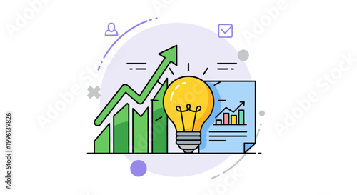 Bright yellow lightbulb illuminating a green upward trending graph, representing business growth and innovative ideas, set against a soft purple and blue color palette, ideal for