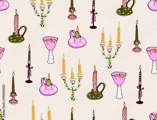 Seamless pattern with colorful candles and candlesticks.