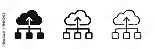 Cloud upload with nodes icon set for data synchronization