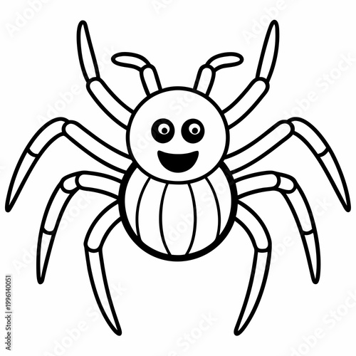 A cheerful cartoon spider with a smiley face and eight legs, drawn in black lines on a white background, looking friendly and approachable.