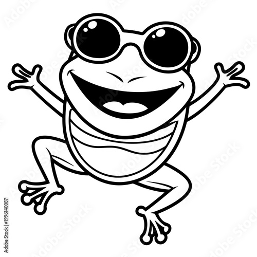 A cheerful cartoon frog wearing sunglasses and dancing with joy, spreading happiness and fun in a playful and carefree atmosphere.