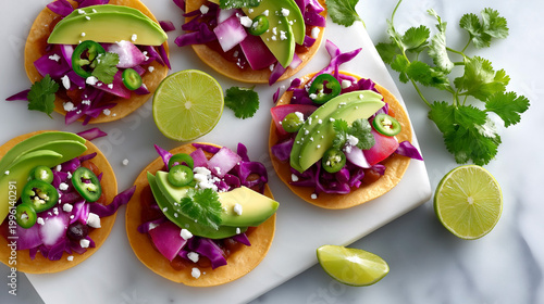 Colorful mexican tostadas with avocado cabbage jalapeno cheese and lime on white background top view