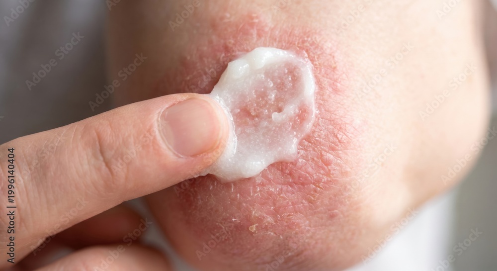 Fototapeta premium Applying medical cream to psoriasis skin on elbow