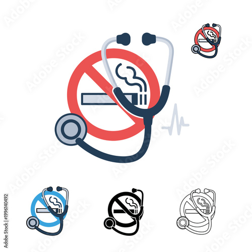 No smoking signs with stethoscopes in various colors and styles for health and medical campaigns  quit smoking