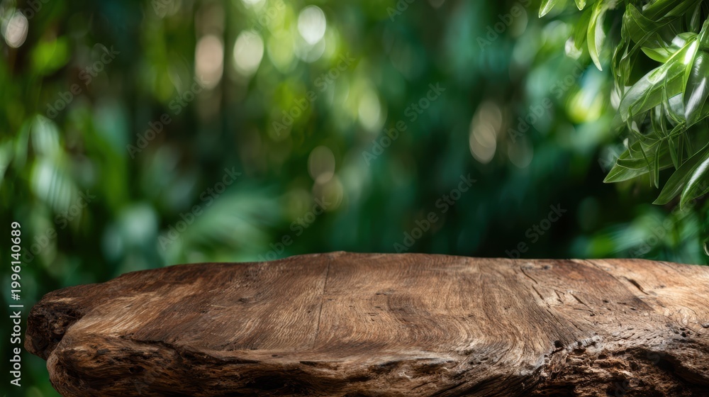 Fototapeta premium A rustic wooden surface set against a backdrop of vibrant greenery creates a calming effect, establishing a connection with nature and inviting creativity.