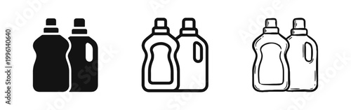 Detergent bottle icons in solid, line, and sketch styles for cleaning and laundry concepts