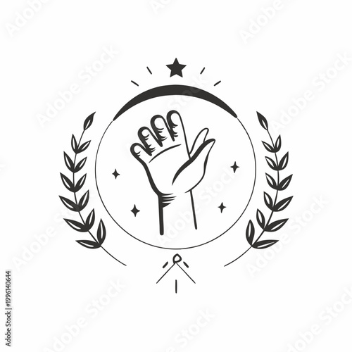 Minimalist hand logo with crescent moon and stars, surrounded by laurel wreath, symbolizing mysticism and magic in a simple black and white design.