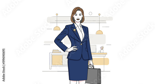 Confident businesswoman in navy blue suit stands with briefcase, hand on hip, in a modern office, featuring minimalist lines, soft yellow accents, and a professional, approachable