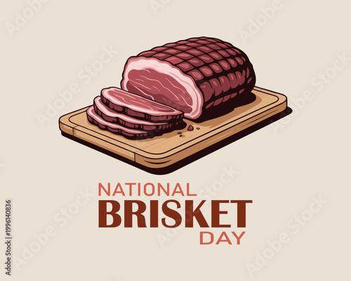 National Brisket Day to celebrate on May 28th. Barbecue beef on wooden plate on beige background. Food event banner.