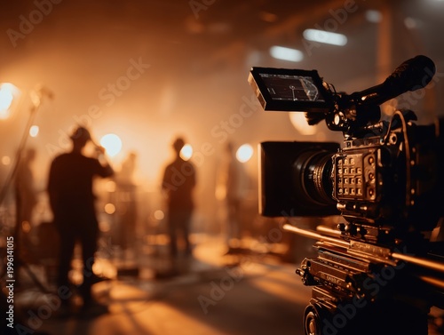 Film production and content creation showing a camera on set with crew and lighting for a movie TV or commercial shoot The behind-the-scenes atmosphere of the entertainment industry.