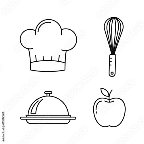 Chef hat whisk serving dish and apple icons.