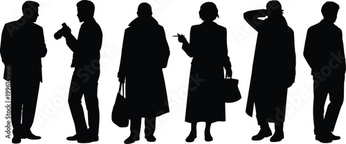 Black silhouette people standing poses, casual and formal postures, camera and bag accessories, hands in pockets, minimalist vector figures