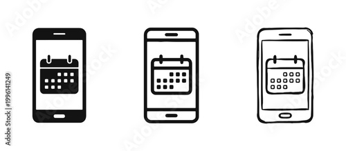 Mobile app calendar and scheduling icons on smartphone screen in three design styles