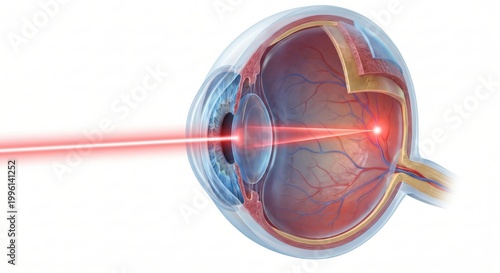 3D medical illustration of human eye cross-section with laser beam