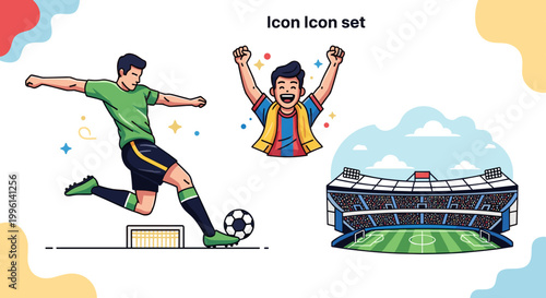 Dynamic soccer player in green uniform kicking ball towards goal, cheering fan with raised arms, and detailed stadium illustration on white, showcasing excitement and