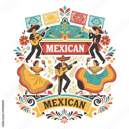 Tableau sur toile Mexican Fiesta: Mariachi Musicians and Dancers Celebrating with Music and Color