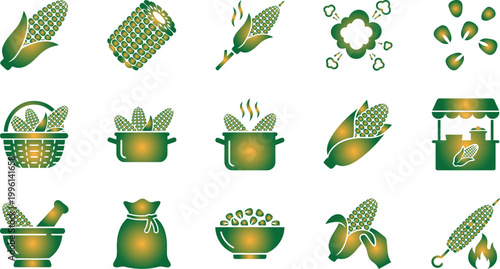 Collection of corn icons in various cooking and food related scenes and objects  corn on the cob in a pot basket and bowl