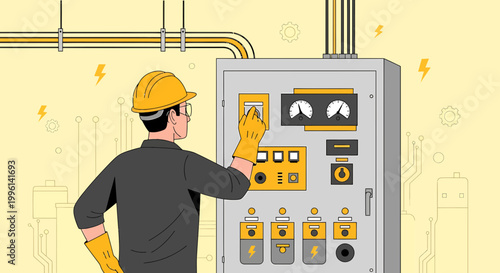 Electrician adjusting control panel in industrial setting, safety equipment, power distribution