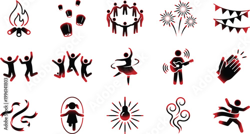 Collection of red and black icons depicting people and celebrations on white background
