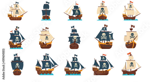 Collection of Pirate Ships with Jolly Roger Flags, Vector Illustration