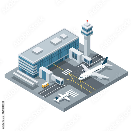 Isometric Airport Terminal with Airplanes and Control Tower Illustration.