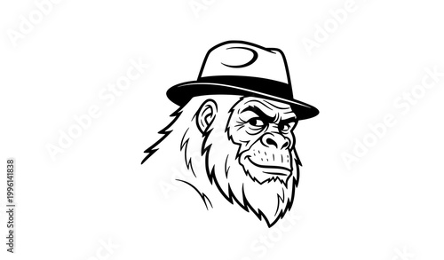 Minimalist monochrome Bigfoot vector portrait with fedora for cryptid, folklore, and mysterious creature illustrations