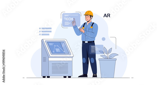 Engineer using augmented reality technology for industrial data analysis on a futuristic interface