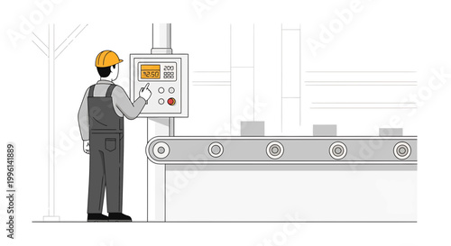 Factory worker in hard hat operating control panel next to conveyor belt with products