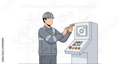 Factory worker operating control panel with gears on screen, industrial automation concept